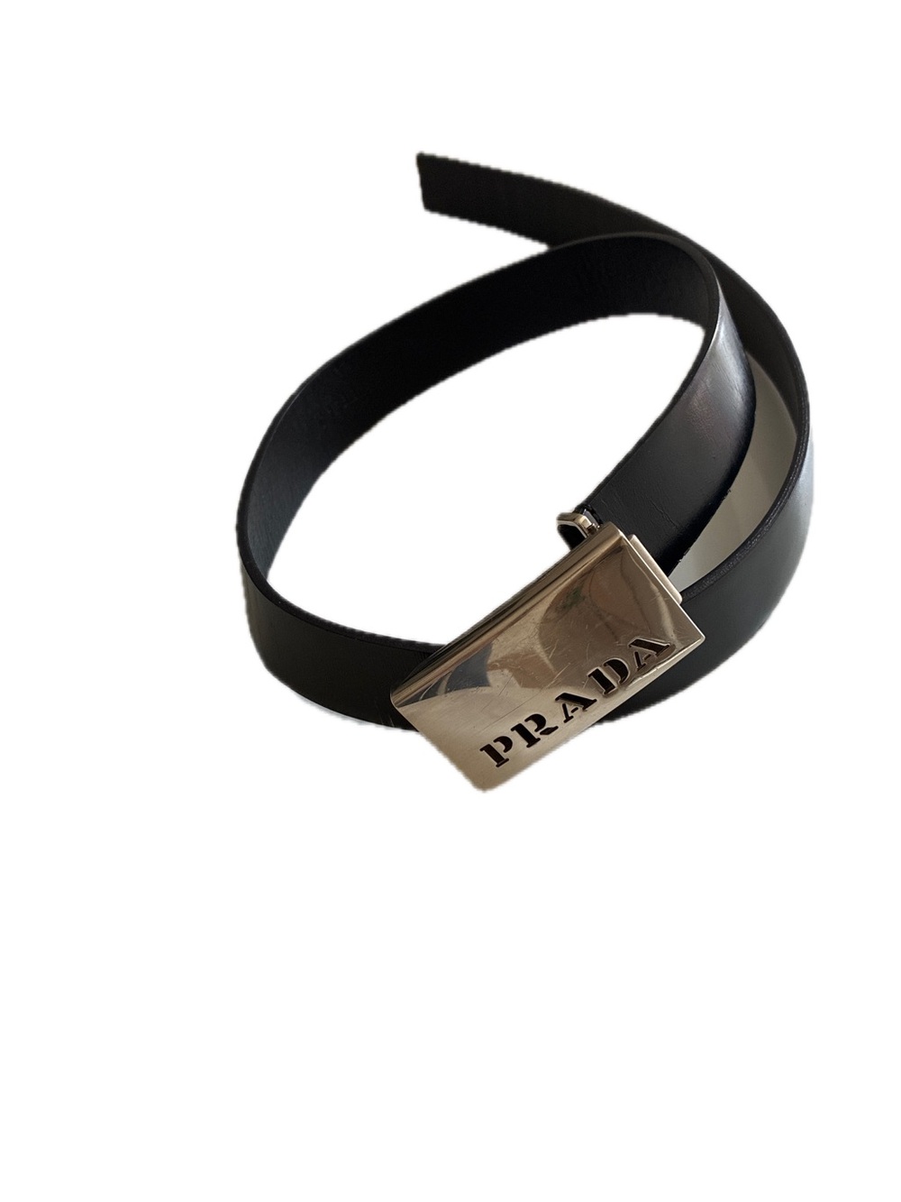 Prada Authentic Black Leather Belt with Silver Logo Belt Buckle Size 34